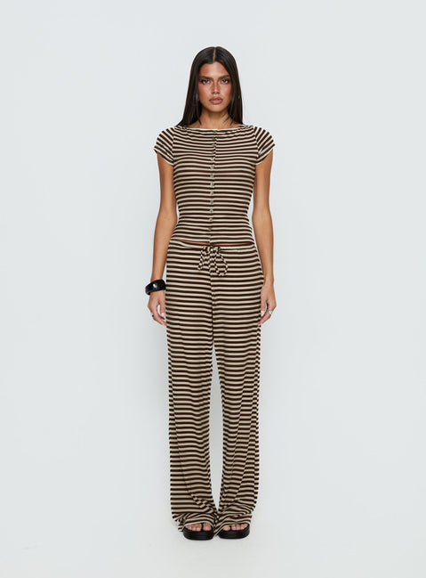 front view of model wearing Princess Polly Gavrielle Jersey Wide Leg Pants Chocolate / Cream Stripe Mid Rise Pants 