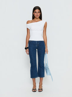 front view of model wearing Princess Polly Cindee High Rise Cropped Jeans Mid Blue Wash High Rise Jeans 