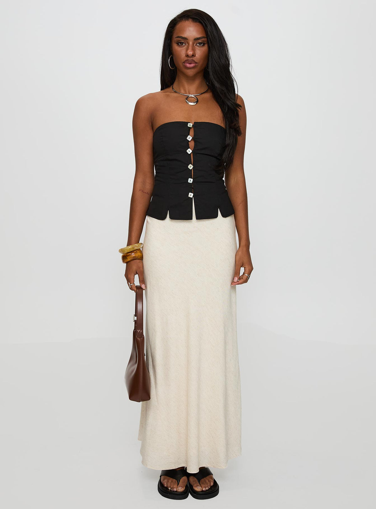 back view of model wearing Princess Polly Analeia Strapless Top Black Sleeveless straight 