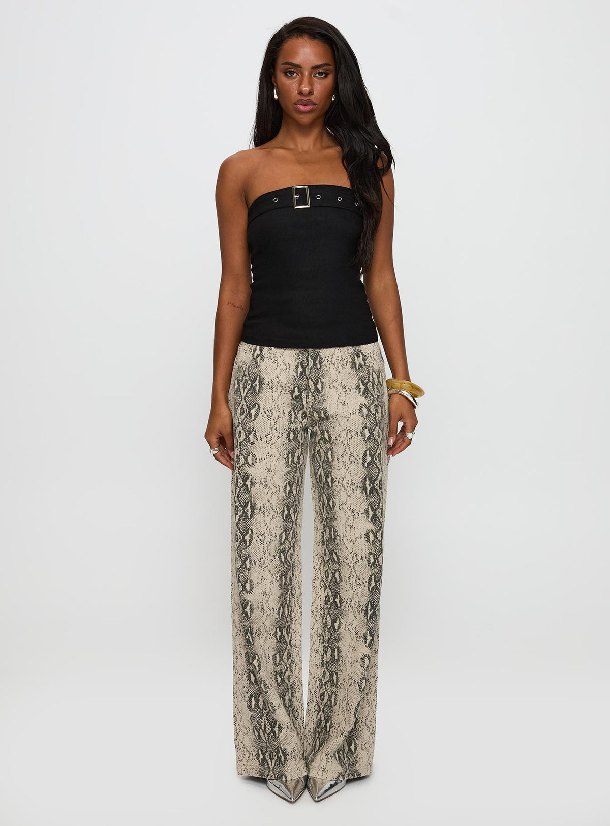 front view of model wearing Princess Polly Satellite Strapless Buckle Detail Top Black Sleeveless straight 