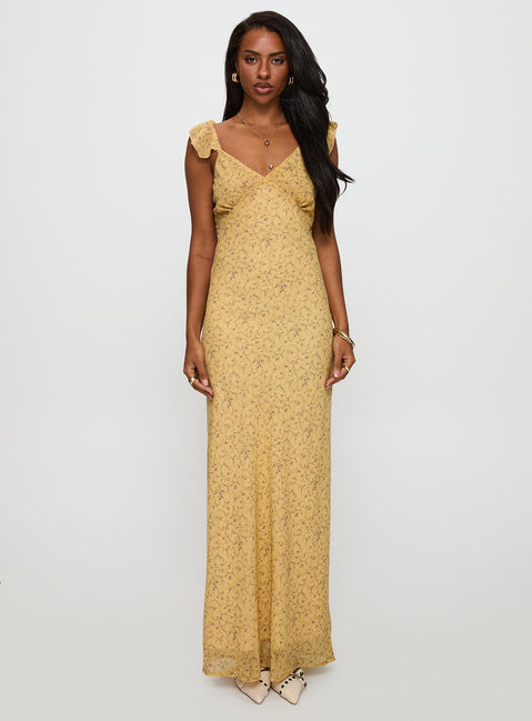 back view of model wearing Princess Polly Dearlie Frill Maxi Dress Multi V-Neck 