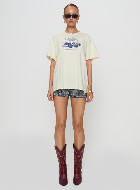 side view of model wearing Princess Polly Lennys Auto Oversized Tee Cream Half Sleeves Crew Neck 