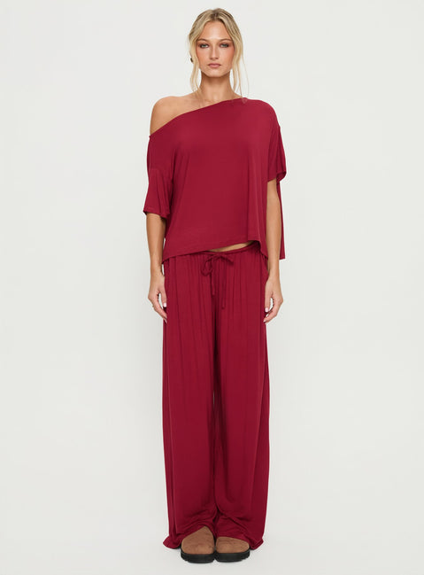 Cozy Hour Sleep Relaxed Off Shoulder Top Red