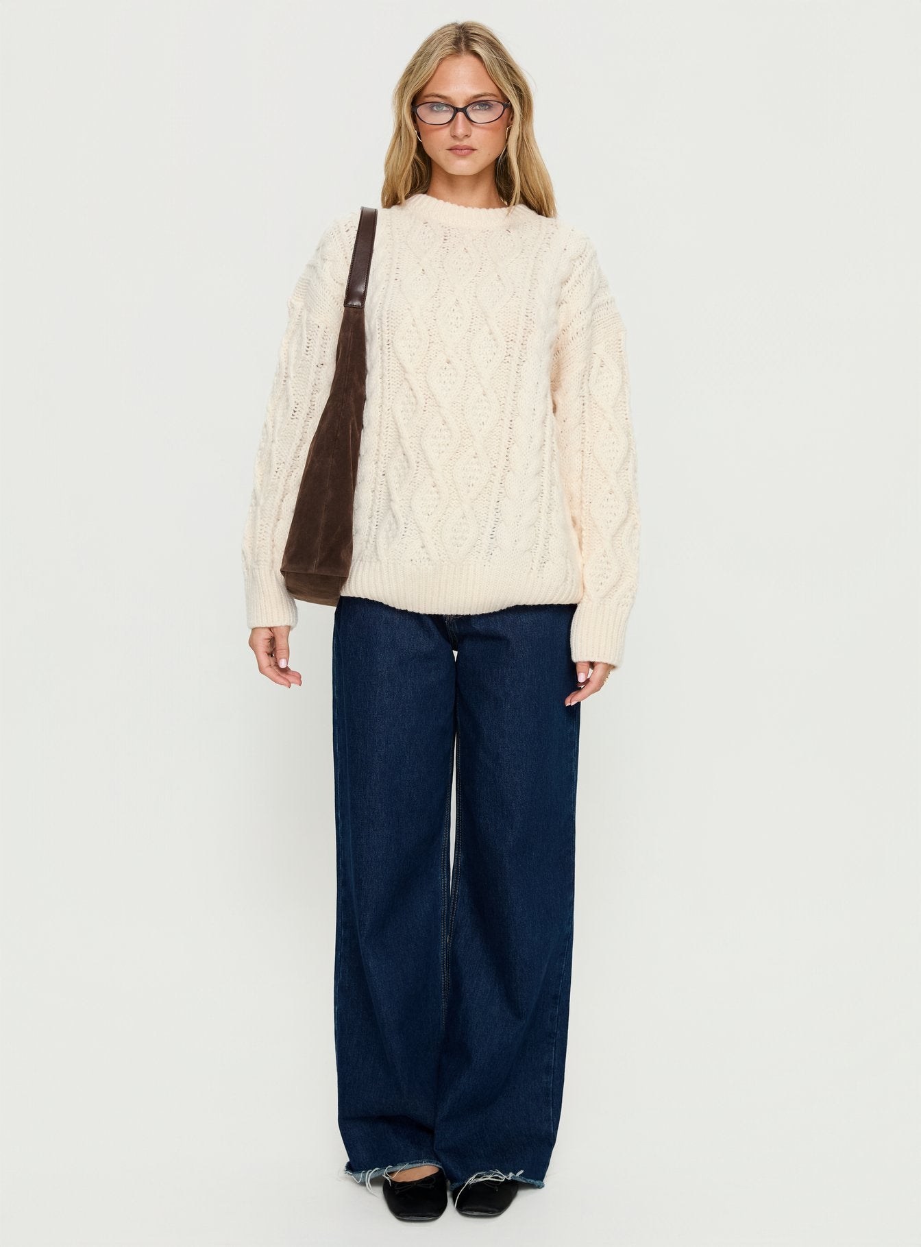 Crafted from the Rorey Cable Knit Crew Neck Sweater White womens-jumpers with oversized fit in long length product Princess Polly