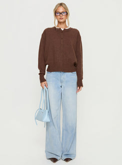 side view of model wearing Princess Polly Melancholia Cardigan Chocolate regular Jumpers 