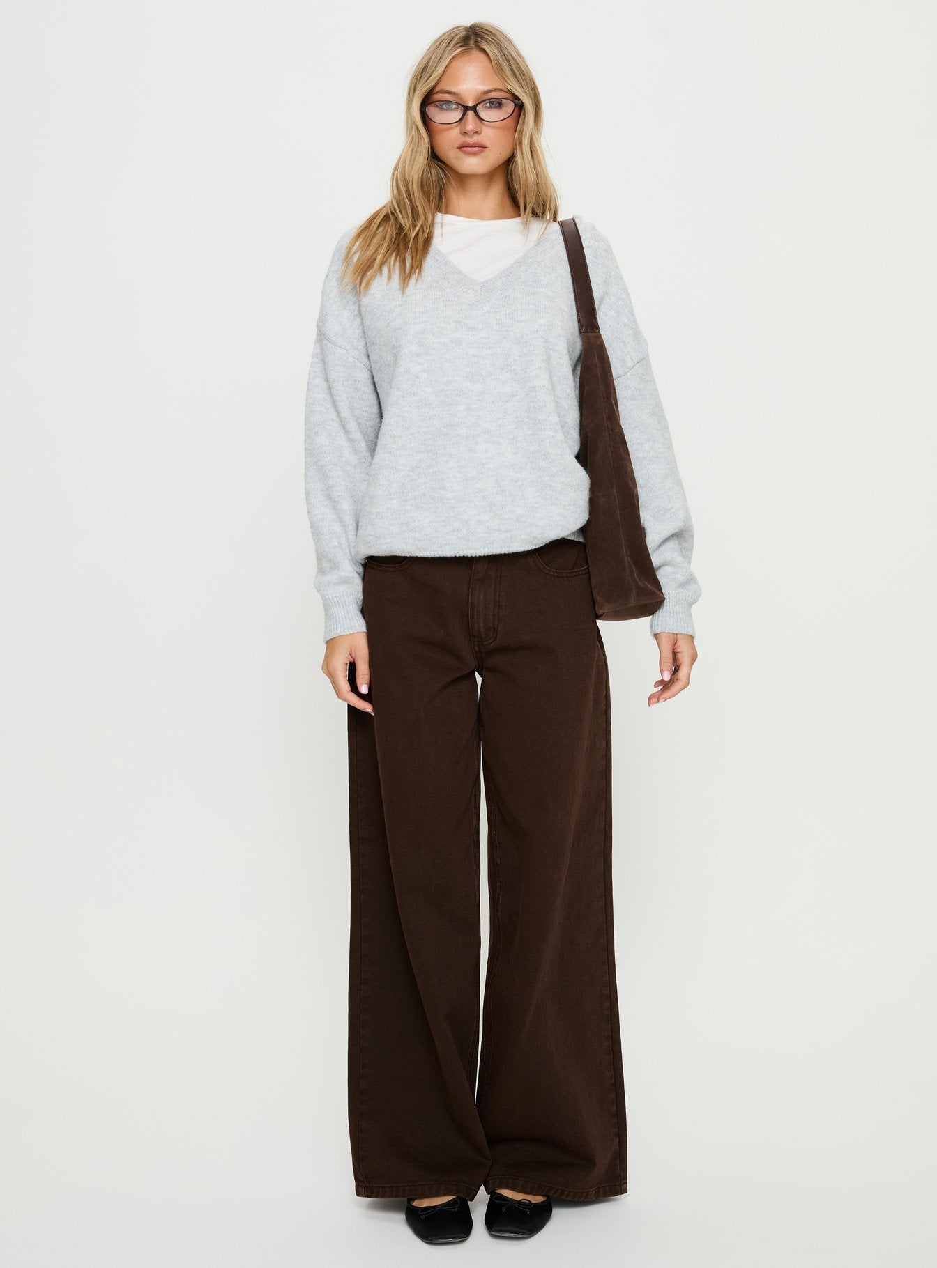 side view of model wearing Princess Polly Stay The Night V Neck Knit Sweater Grey Marle regular 