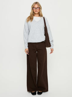 side view of model wearing Princess Polly Stay The Night V Neck Knit Sweater Grey Marle regular 