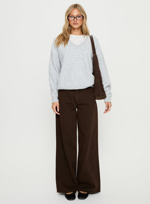 side view of model wearing Princess Polly Stay The Night V Neck Knit Sweater Grey Marle regular 