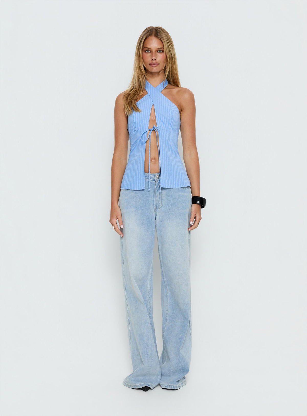 Sensational Cross Front Tie Detail Top Blue Stripe