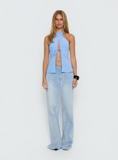 Sensational Cross Front Tie Detail Top Blue Stripe