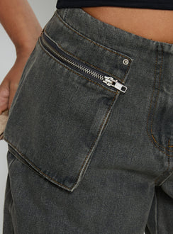 back view of model wearing Princess Polly Paltrow Mid Rise Wide Leg Cargo Jeans Washed Grey Mid Rise Jeans 