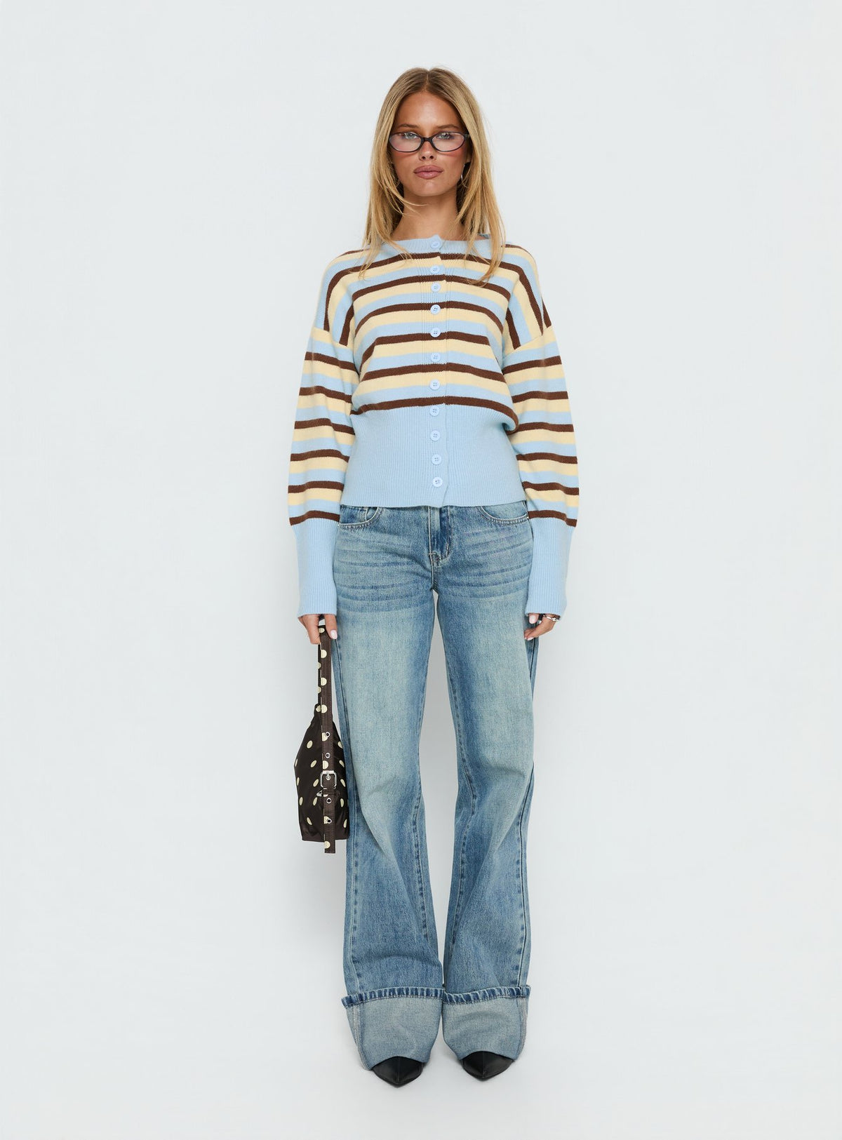 front view of model wearing Princess Polly Rhitta Button Down Cardigan Multi Stripe 