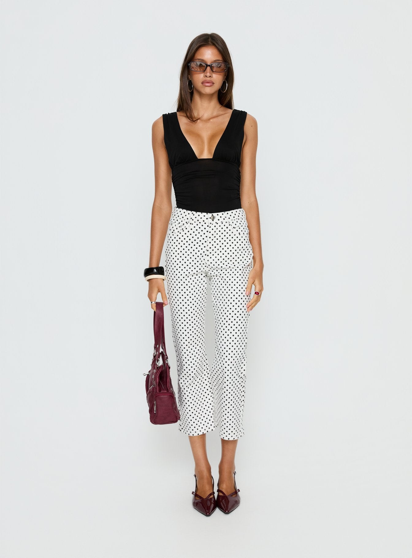 back view of model wearing Princess Polly Cindee High Rise Cropped Jeans White Polka Dot High Rise Jeans 