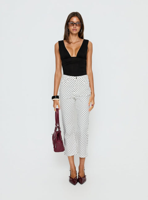 back view of model wearing Princess Polly Cindee High Rise Cropped Jeans White Polka Dot High Rise Jeans 