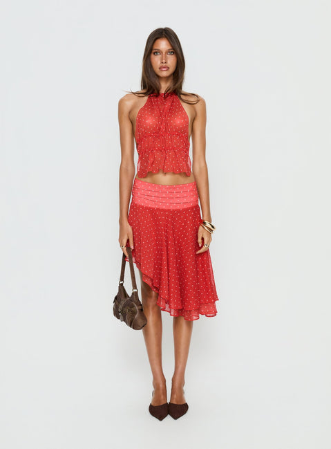   side view of model wearing Princess Polly Legacy Midi Skirt Tomato Polka 