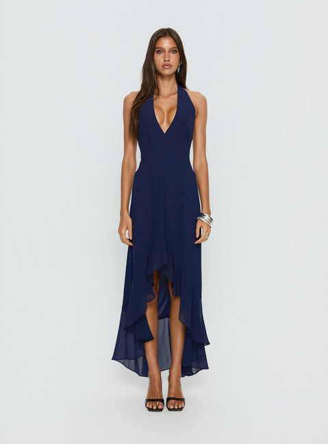 Agata Halter Frill Maxi Dress Navy