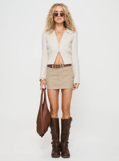 front view of model wearing Princess Polly Jeller Zip Front Knit Sweater Beige Cropped Jumpers Jumpers 