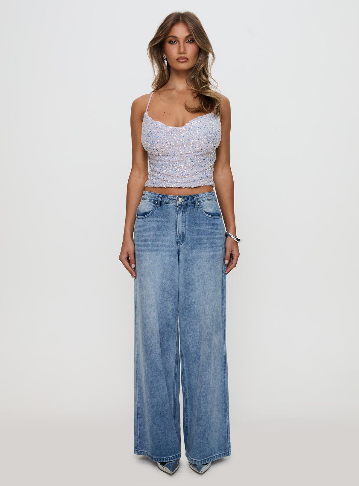 front view of model wearing Princess Polly Werner Cowl Neck Sequin Top Lilac Sleeveless Cowl 