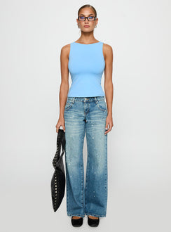 front view of model wearing Princess Polly Lose Your Number High Neck Top Blue Sleeveless Crew Neck 