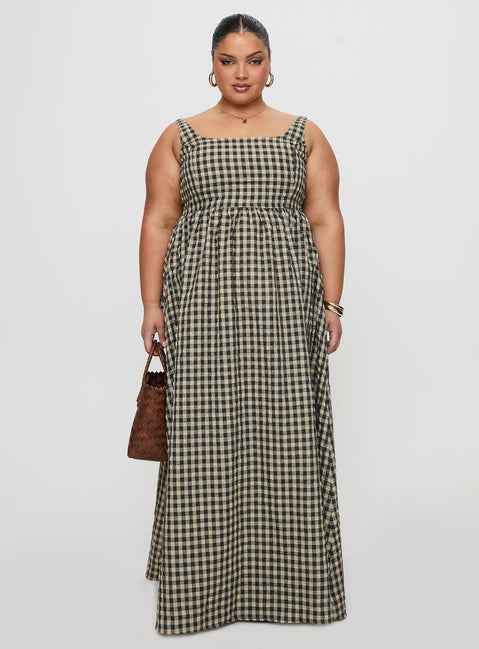 side view of model wearing Princess Polly Cartmel Check Maxi Dress Black / Cream Curve Square Neck 