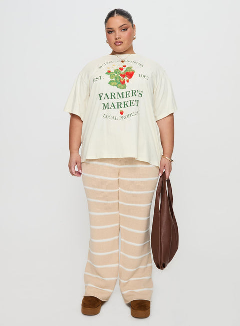 side view of model wearing Princess Polly Local Produce Tee Cream Curve Half Sleeves Crew Neck 