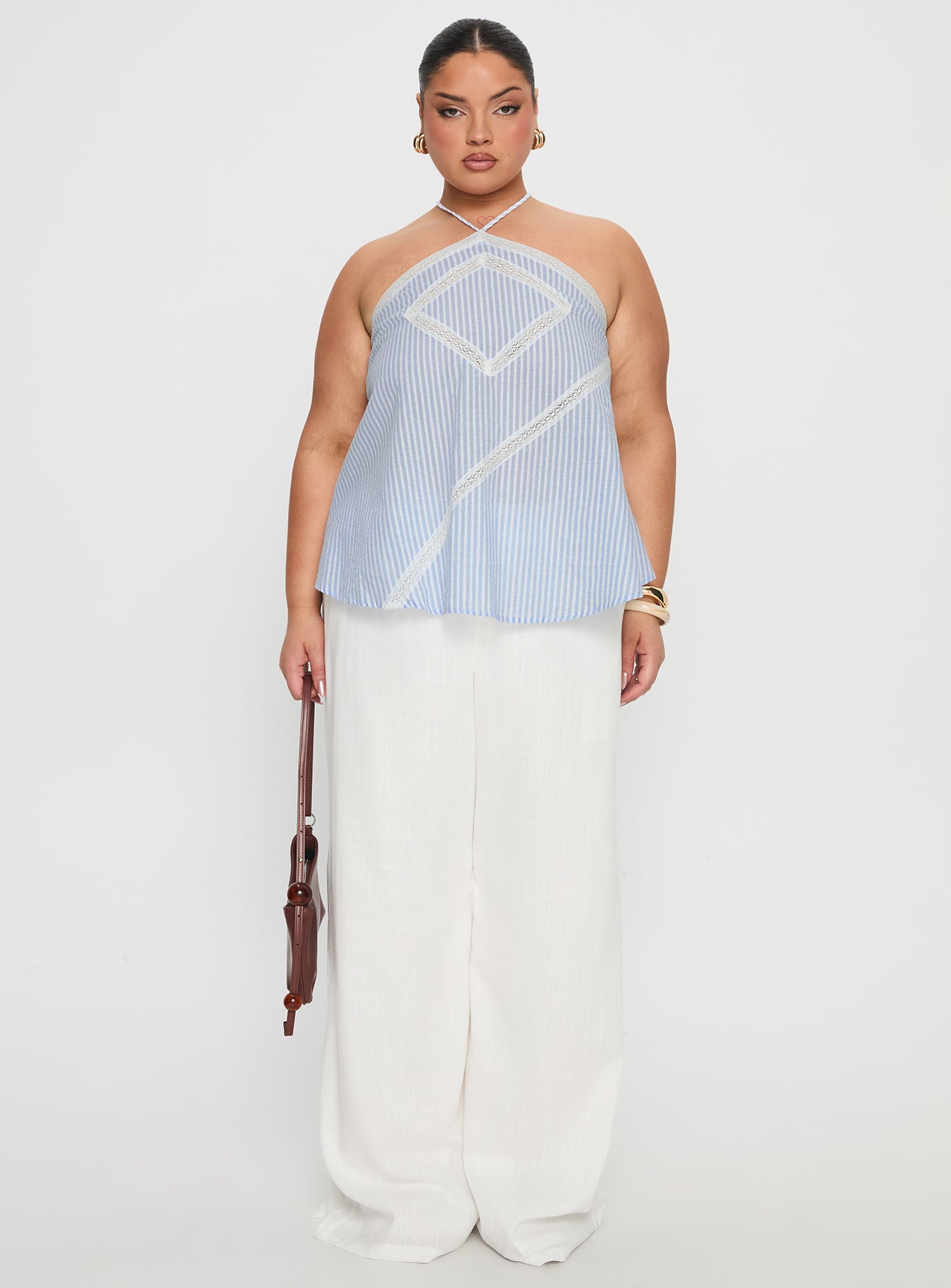front view of model wearing Princess Polly Pedra Wide Leg Pant White Curve High Rise Pants 