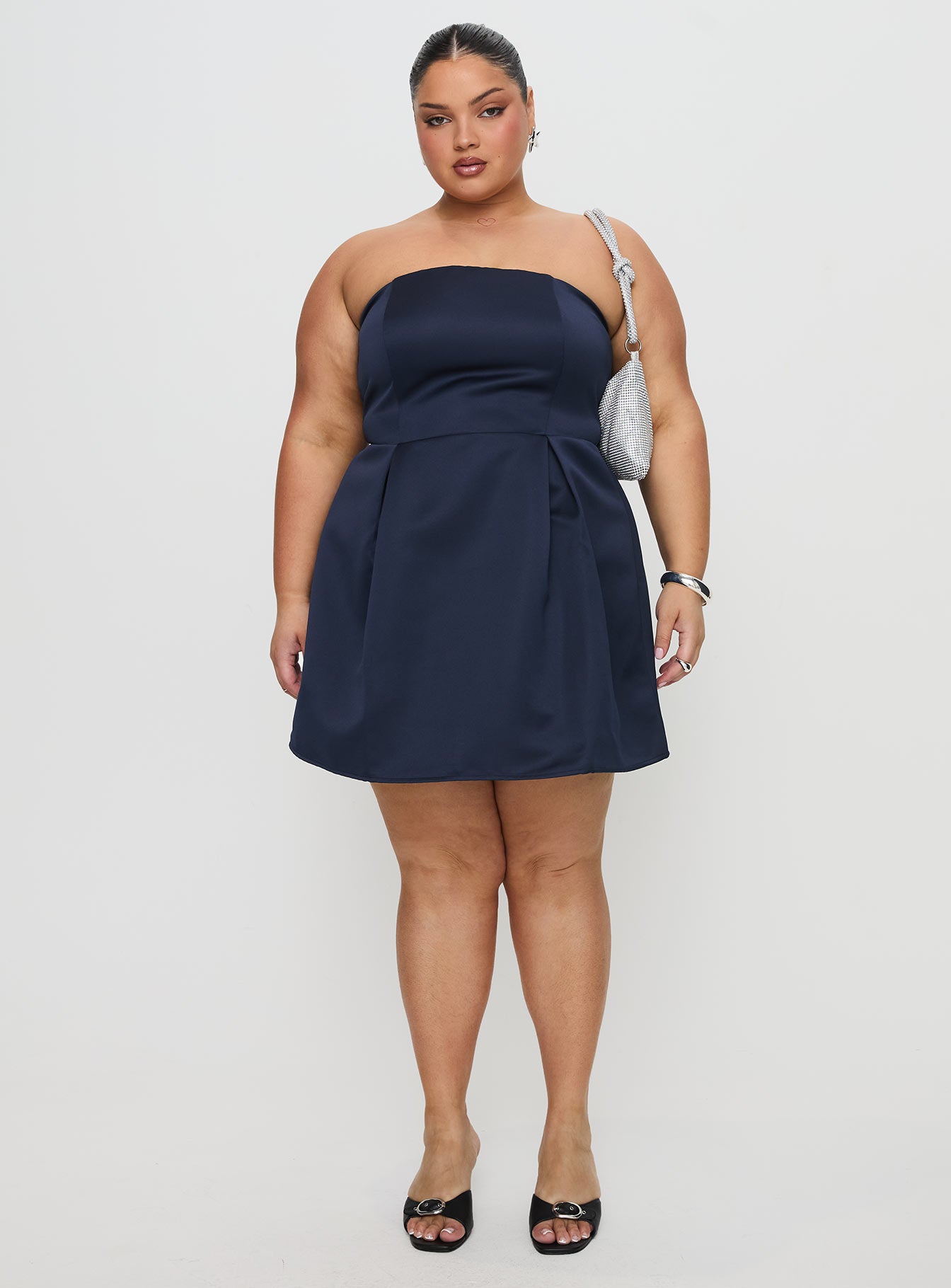 front view of model wearing Princess Polly Spader Corset Mini Dress Navy Curve Straight Neck 