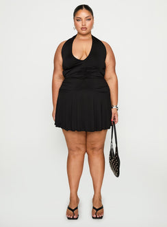 front view of model wearing Princess Polly Maeva Halter Mini Dress Black Curve Plunger 