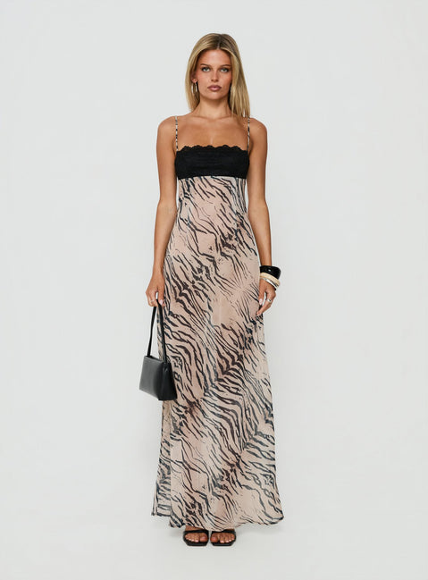 Kirstena Chiffon Lace Maxi Dress Animal Splice