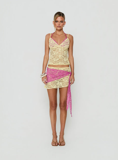 Featuring the Sirna Lace Wrap Contrast Mini Skirt Lime / Pink womens-skirts mini product Princess Polly