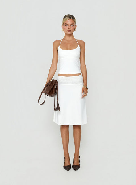 Showcasing the Zenaide Lace Detail Midi Skirt White womens-skirts with midi length front view of model wearing Princess Polly