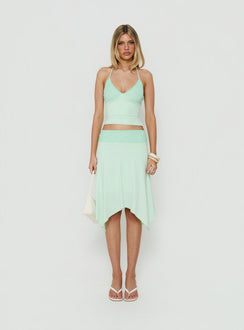 Showcasing the Natabelle Lace Detail Midi Skirt in Mint, a womens-skirts piece with asymmetry and fitted fit Princess Polly