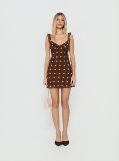 Lozie Frill V Neck Mini Dress Brown Polka Dot