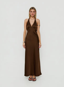 Adamaria Plunge Halter Lace Trim Maxi Dress Chocolate