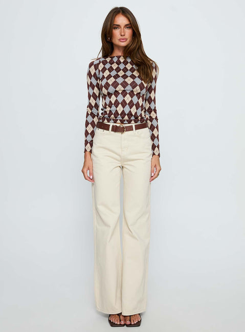 front view of model wearing Princess Polly Maple Mid Rise Flare Jeans Ecru High Rise Jeans Jeans 