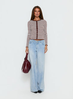 back view of model wearing Princess Polly Elcie Button Up Cardigan Brown Stripe Cropped Jumpers 