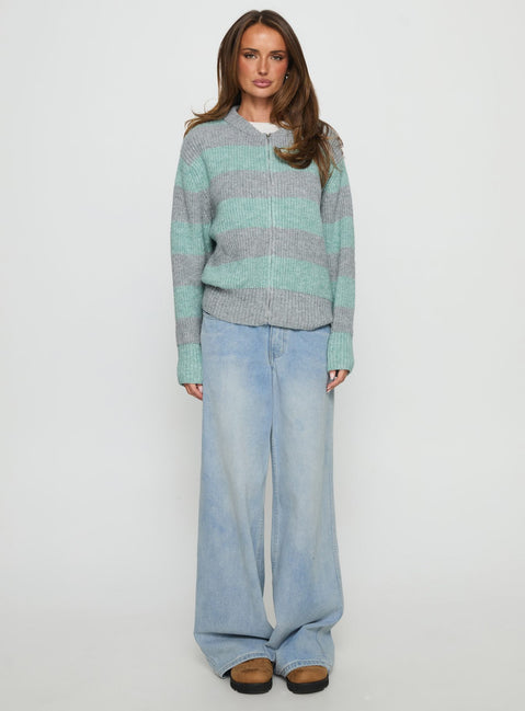front view of model wearing Princess Polly Queena Zip Through Knit Sweater Grey / Blue Stripe Cropped Jumpers 