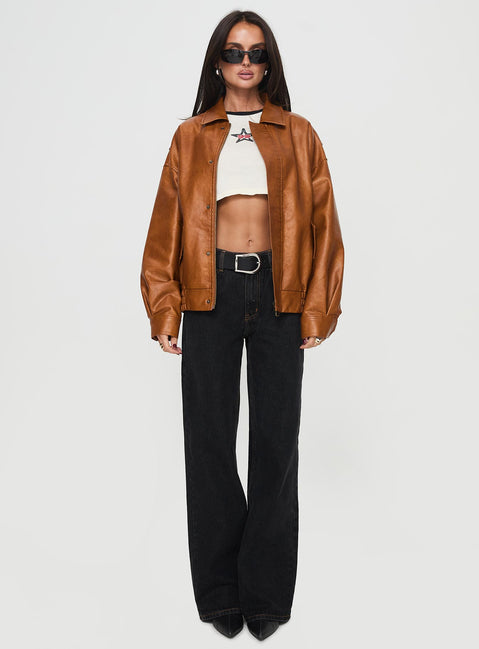 Faux leather bomber jacket Classic collar, zip & button fastening down front, twin hip pockets with press button fastening, elasticated waistband, single button cuff Non-stretch material, fully lined