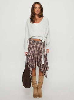 front view of model wearing Princess Polly Daelan Wrap Knit Cardigan Grey Marle Cropped Jumpers 