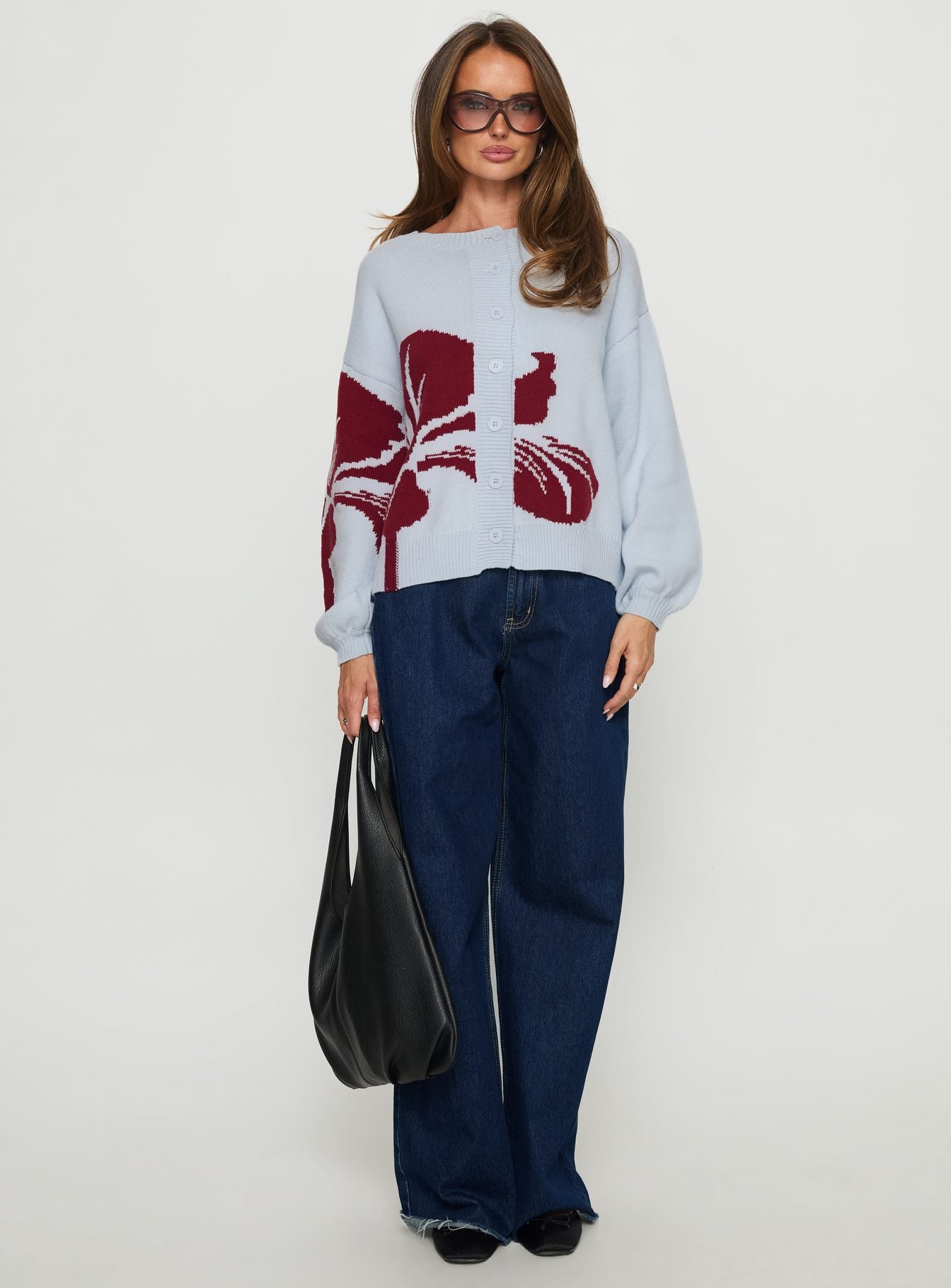 front view of model wearing Princess Polly Jalenn Floral Knit Cardigan Blue / Red Cropped Jumpers 