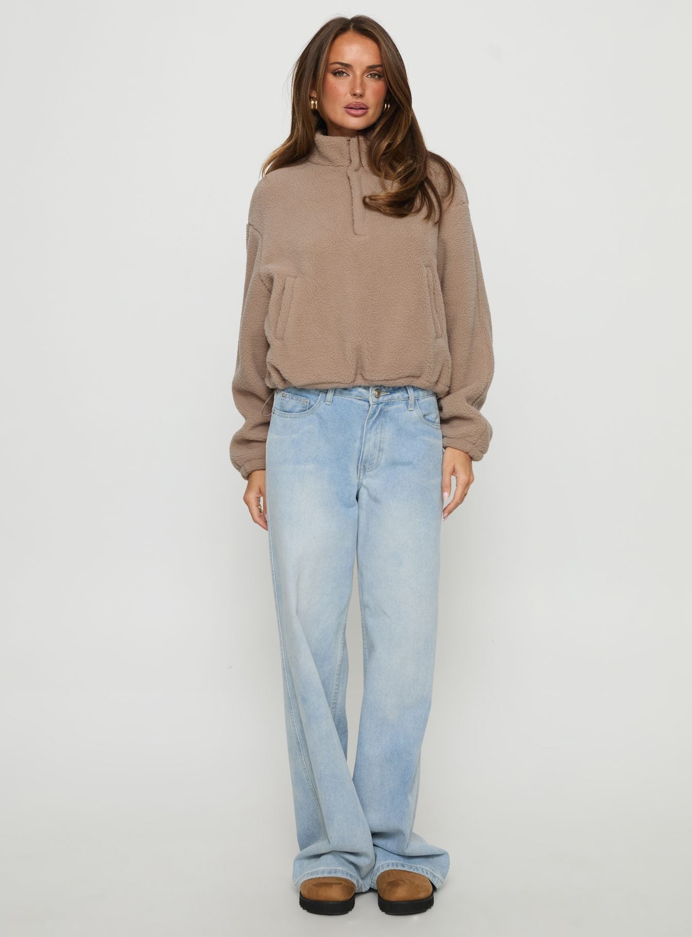 front view of model wearing Princess Polly Icy Days Fleece Quarter Zip Jumper Light Brown Cropped Jumpers 