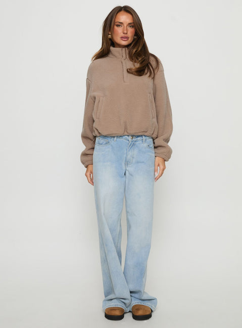 front view of model wearing Princess Polly Icy Days Fleece Quarter Zip Jumper Light Brown Cropped Jumpers 