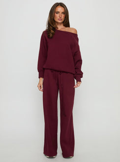 front view of model wearing Princess Polly Wellness Off the Shoulder Jumper Currant cropped 