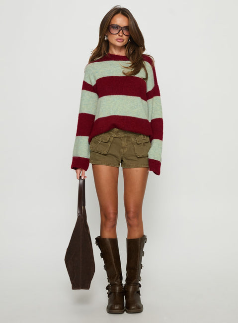 front view of model wearing Princess Polly Nesha Fluffy Knit Sweater Red / Blue Stripe 