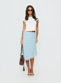   front view of model wearing Princess Polly Daphene Asymmetrical Midi Skirt Blue Floral Midi Skirts 