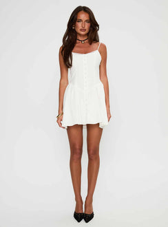 front view of model wearing Princess Polly Toulouse Mini Dress White Scoop Neck 