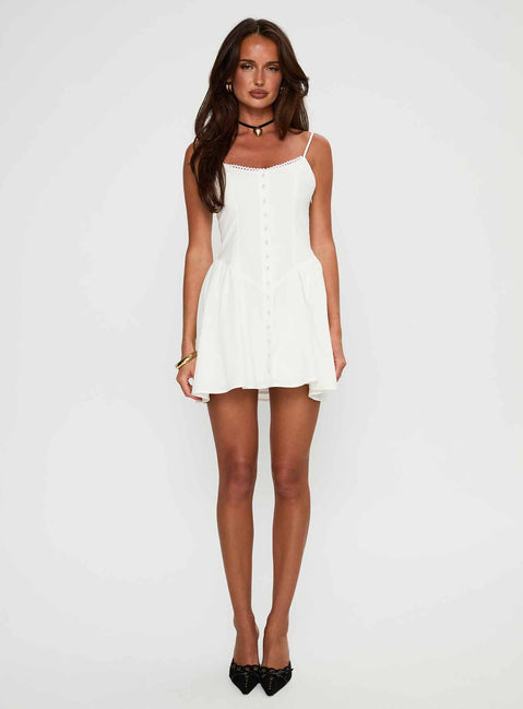 front view of model wearing Princess Polly Toulouse Mini Dress White Scoop Neck 