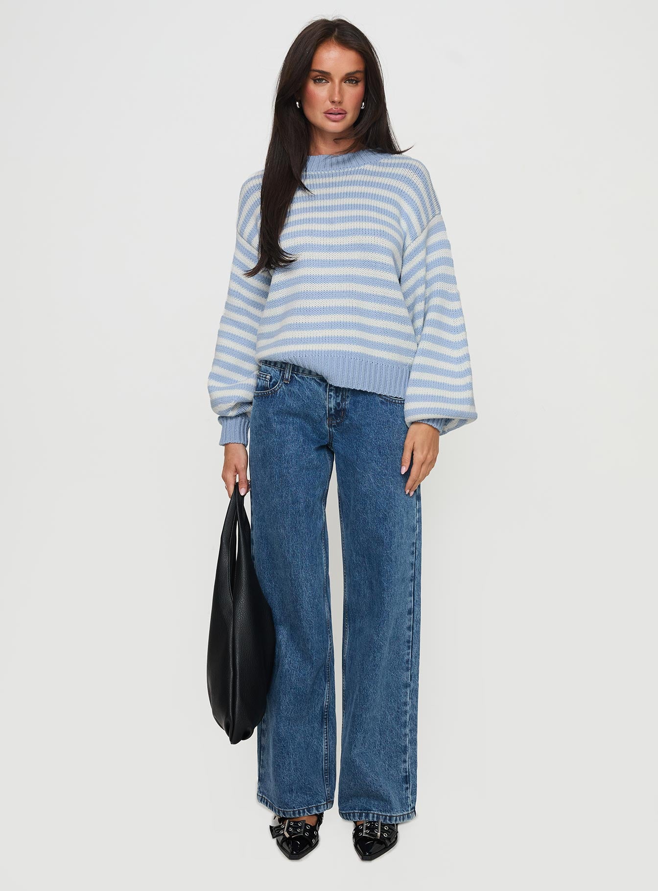 back view of model wearing Princess Polly Harmony Balloon Sleeve Knit Sweater Blue / White Stripe Cropped 