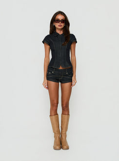Raminna Zip Front Collared Top Raw Denim