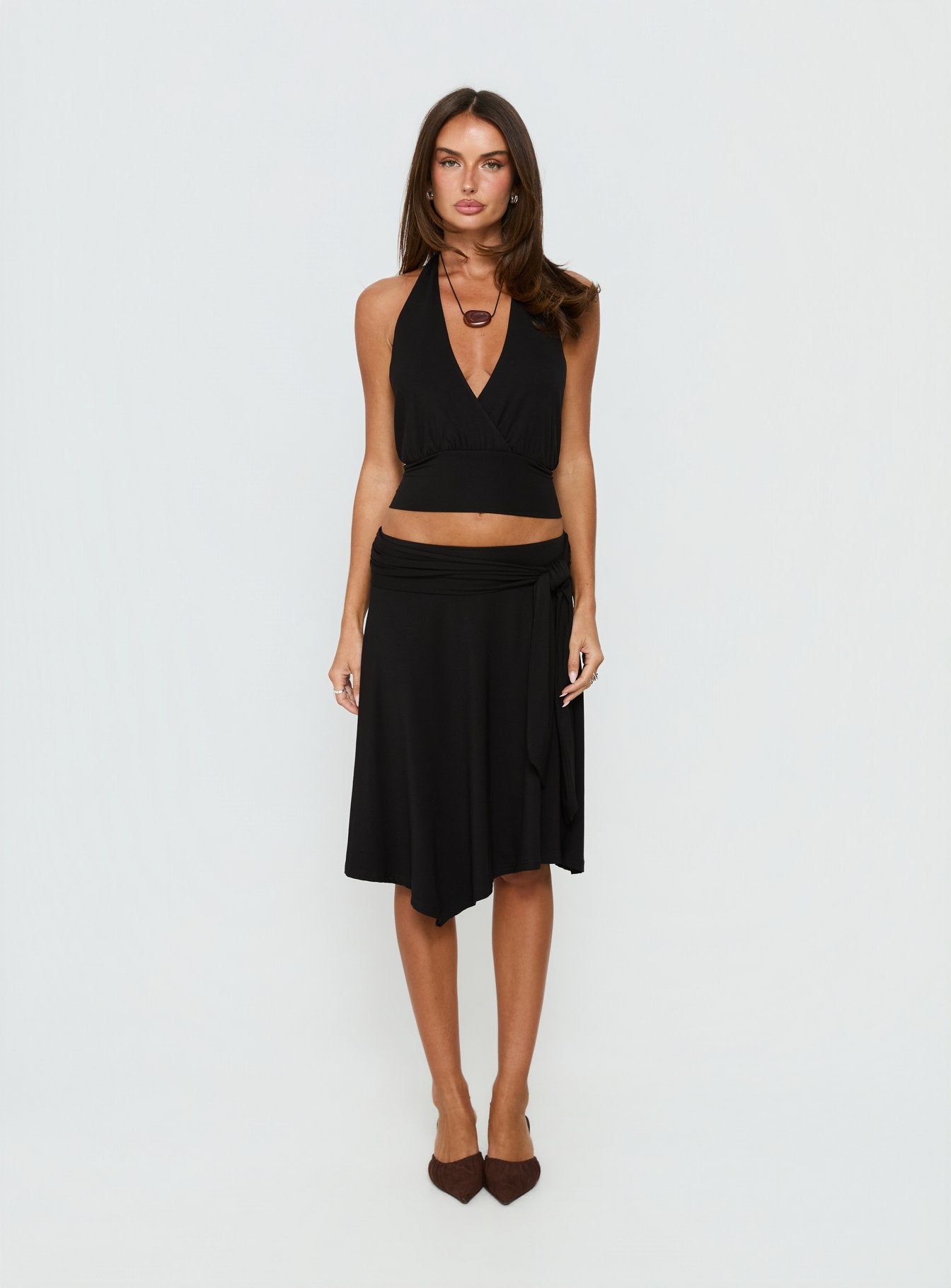 back view of model wearing Princess Polly Soft Focus Tie Waist Midi Skirt Black Midi Skirts 
